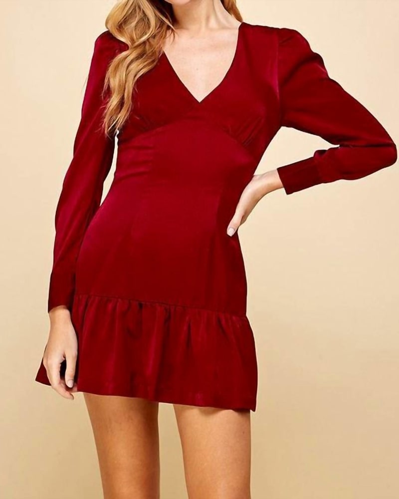 Front of a model wearing a size Large On The Guest List Dress in Wine in Wine by TCEC. | dia_product_style_image_id:337661